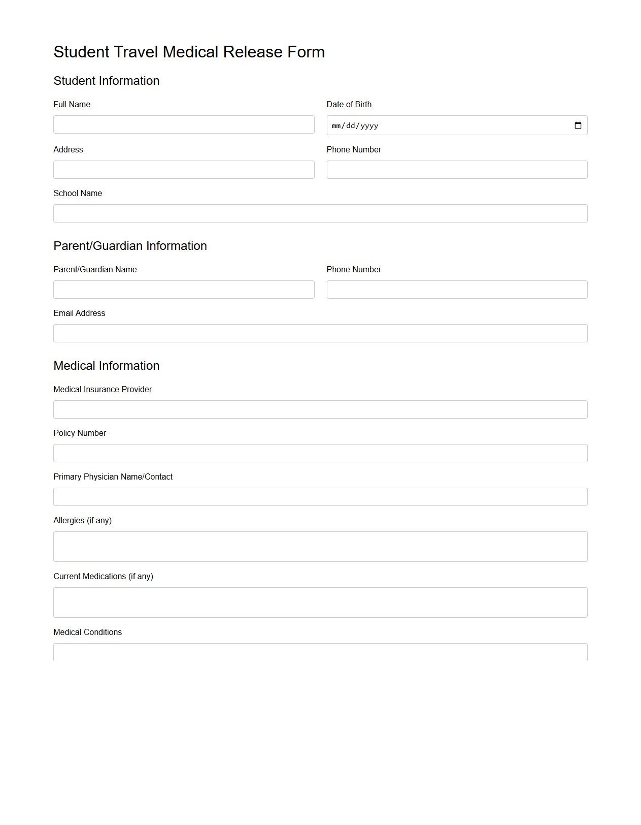 Student Travel Medical Release Form