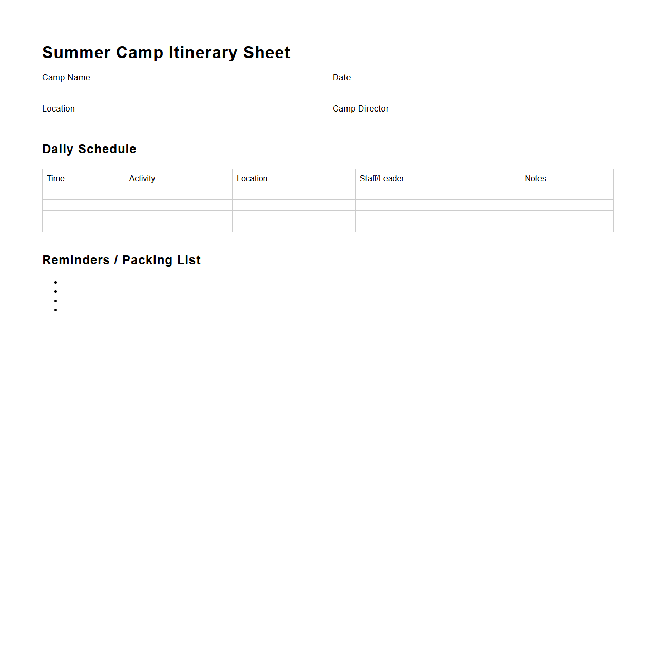 Summer Camp Itinerary Sheet