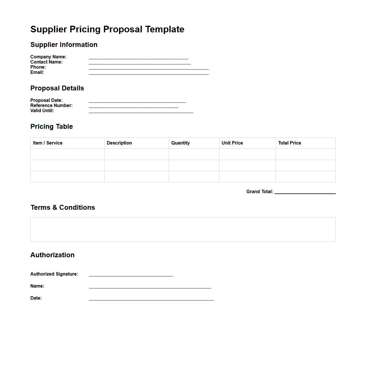 Supplier Pricing Proposal Template
