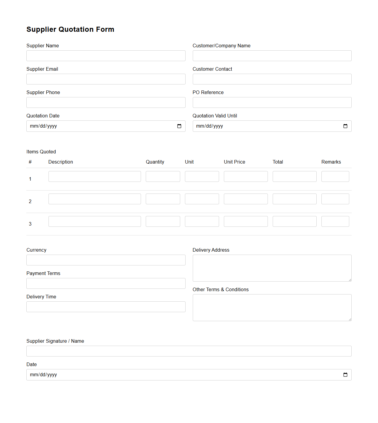 Supplier Quotation Form for Purchase Orders