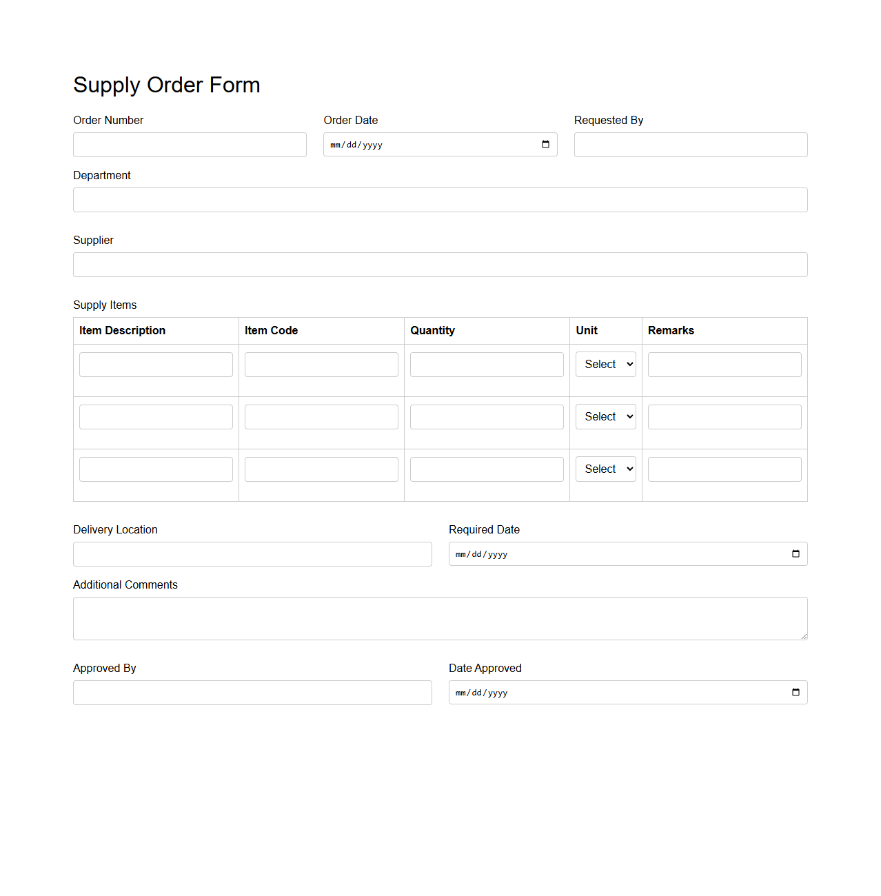 Supply Order Form Template for Inventory Management