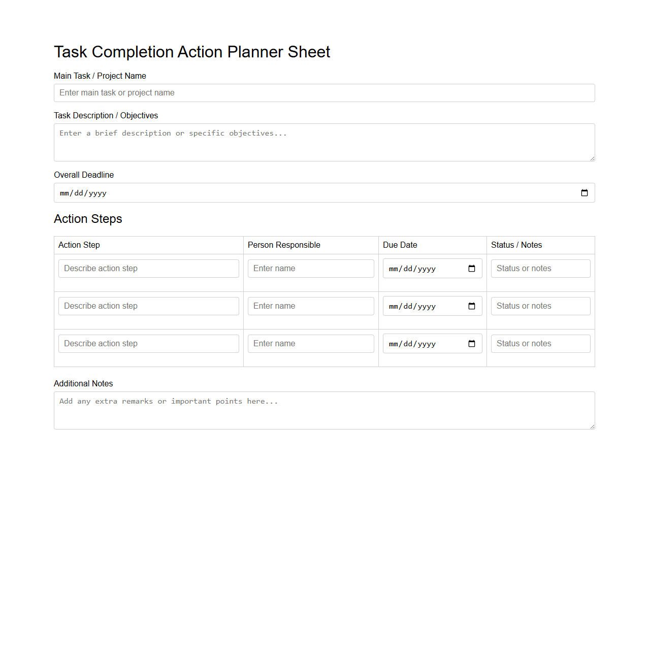 Task Completion Action Planner Sheet