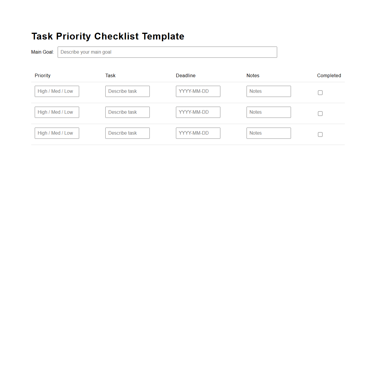 Task Priority Checklist Template for Goal Achievement