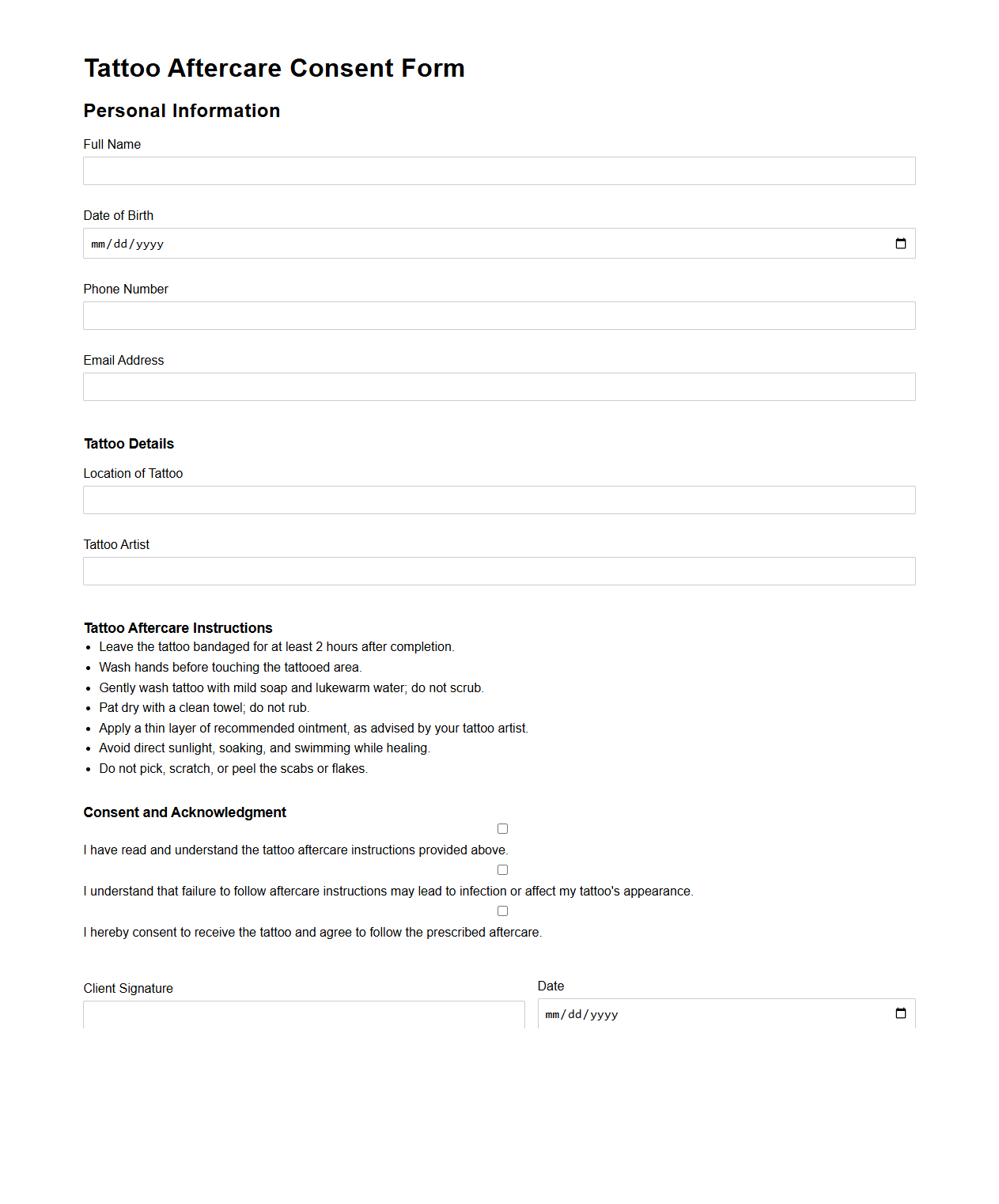 Tattoo Aftercare Consent Form Template