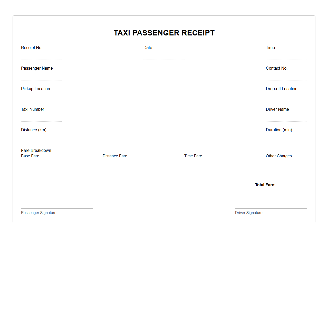 Taxi Passenger Receipt Format