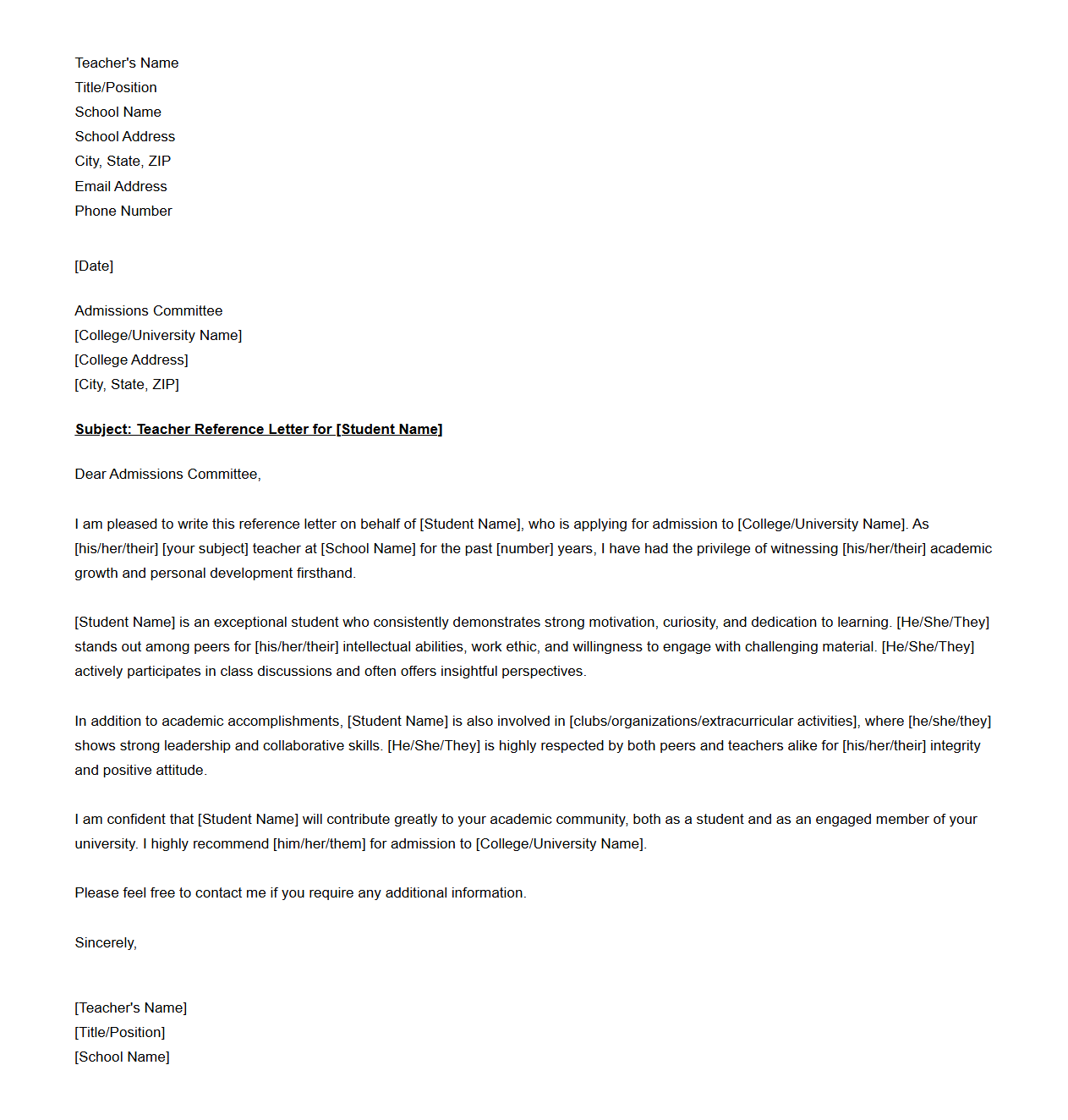 Teacher Reference Letter Template for College Admission