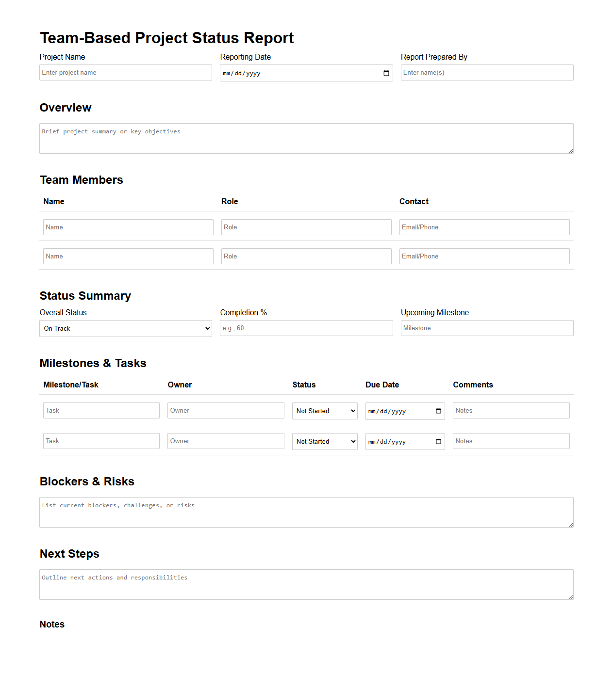 Team-Based Project Status Report Layout