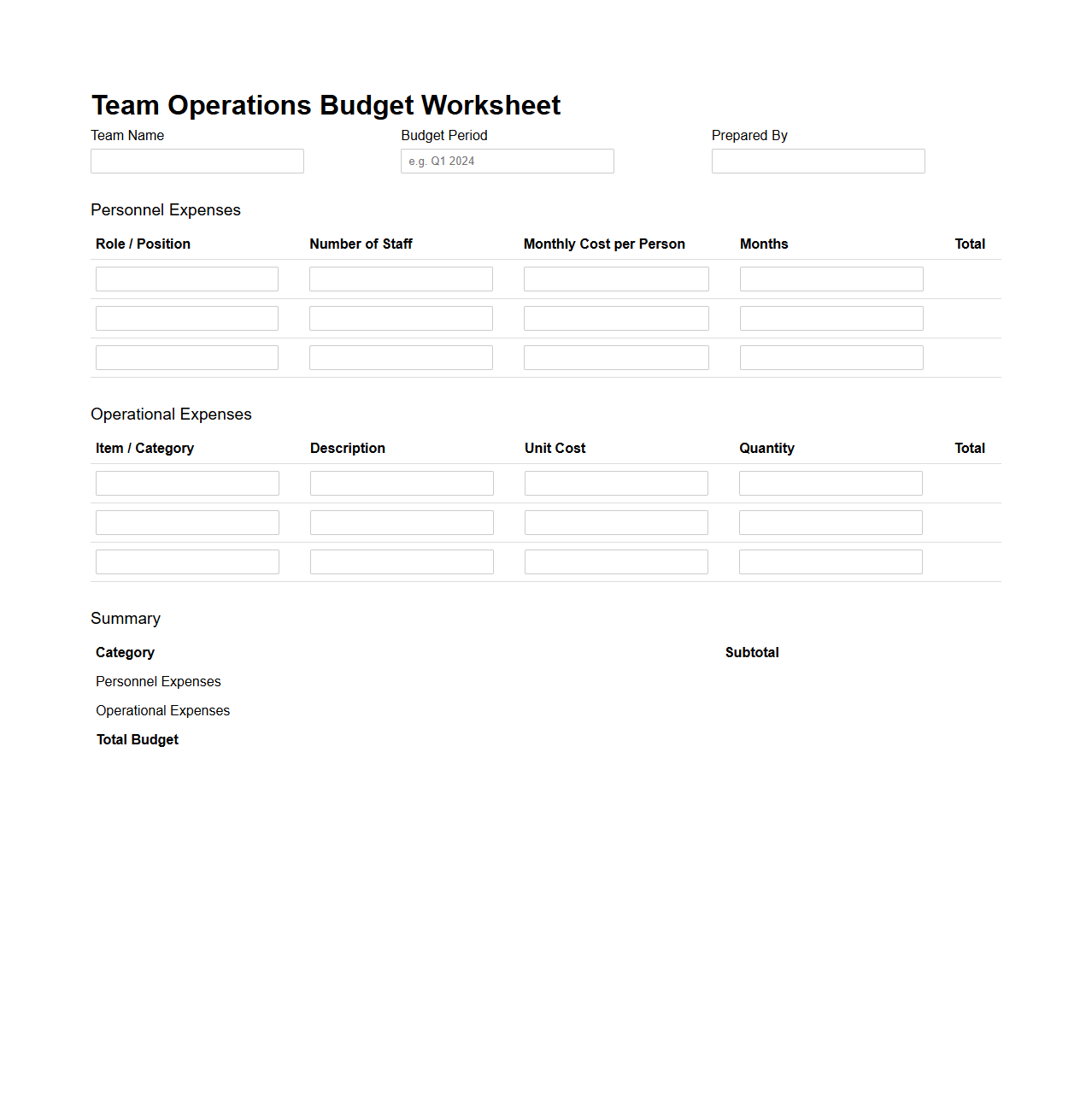 Team Operations Budget Worksheet