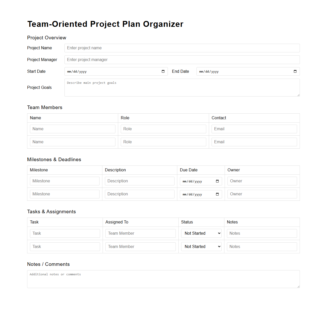 Team-Oriented Project Plan Organizer