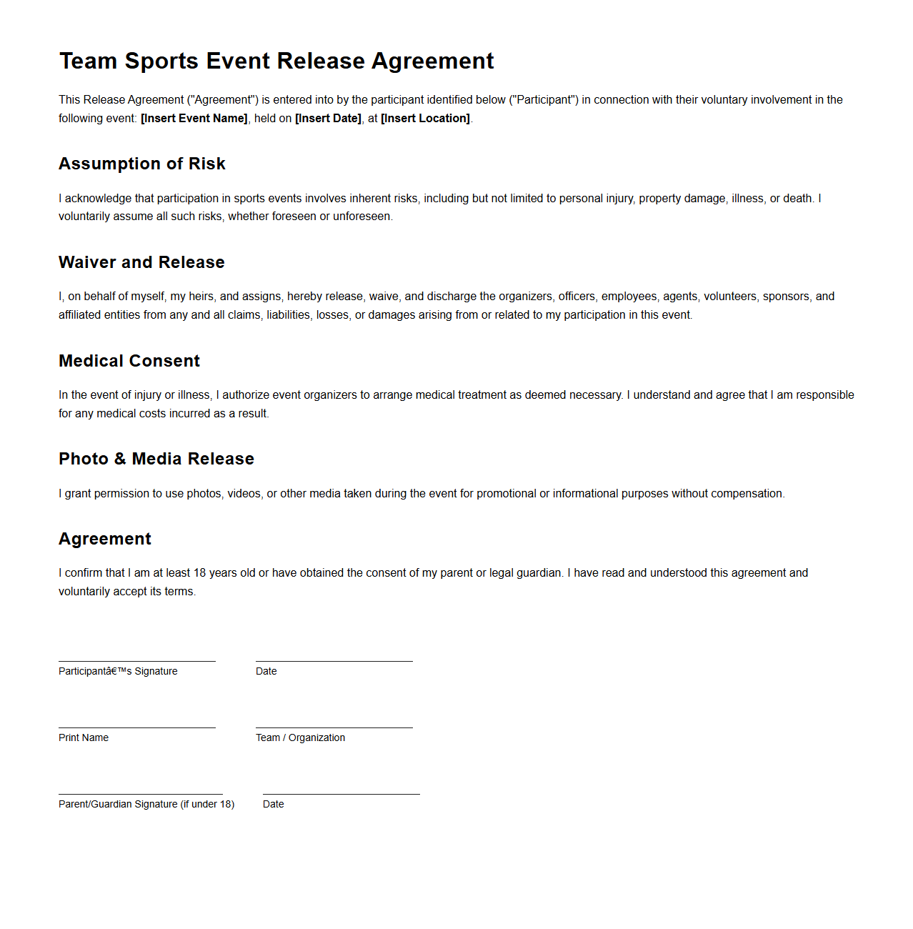 Team Sports Event Release Agreement
