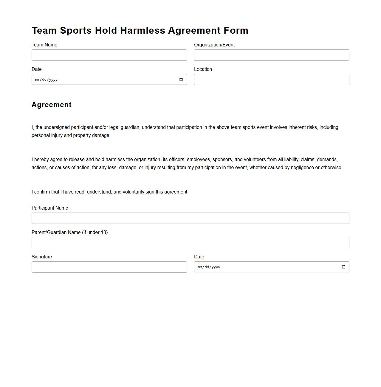 Team Sports Hold Harmless Agreement Form