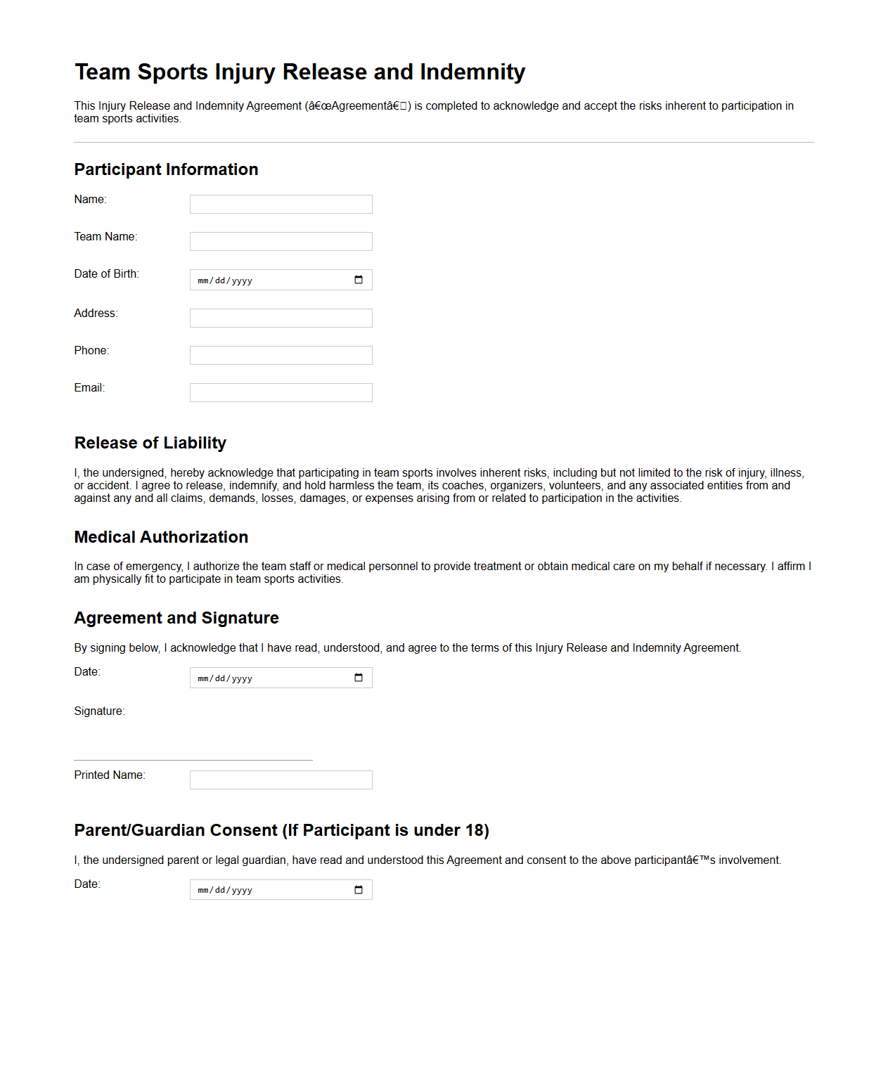 Team Sports Injury Release and Indemnity Template