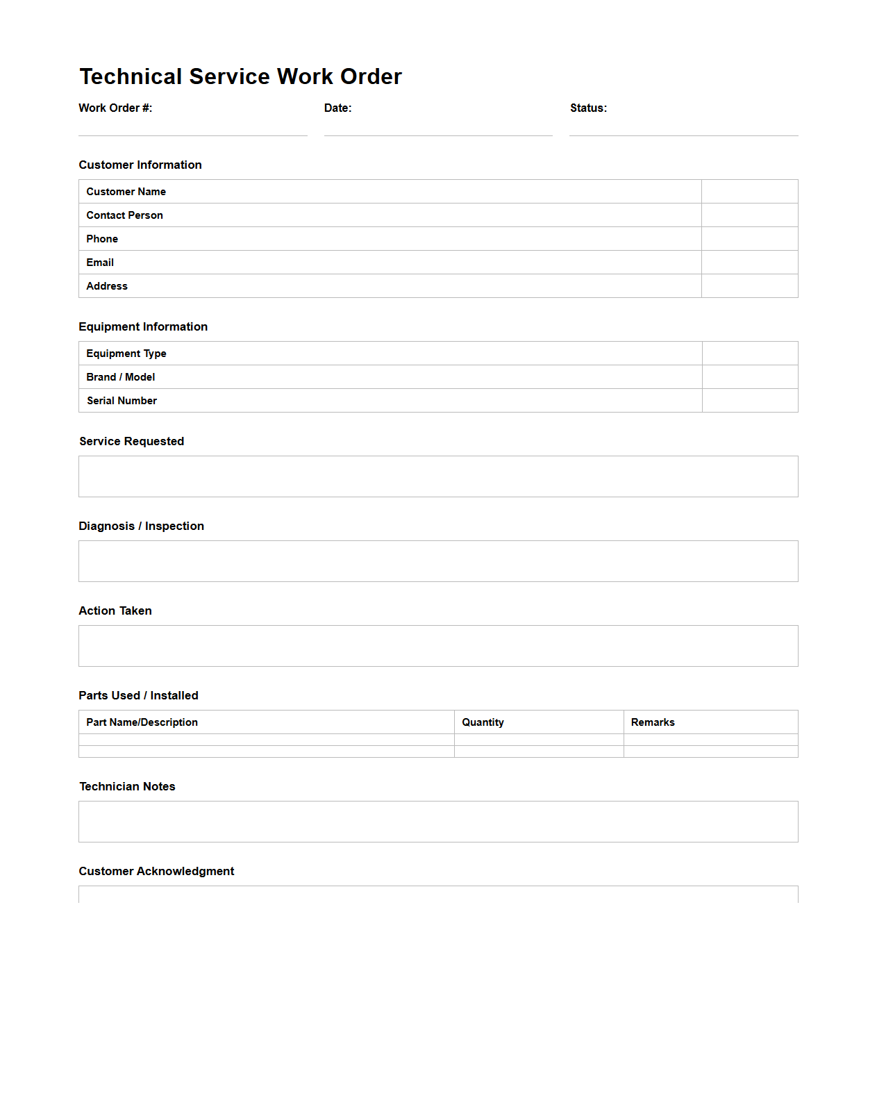 Technical Service Work Order Template