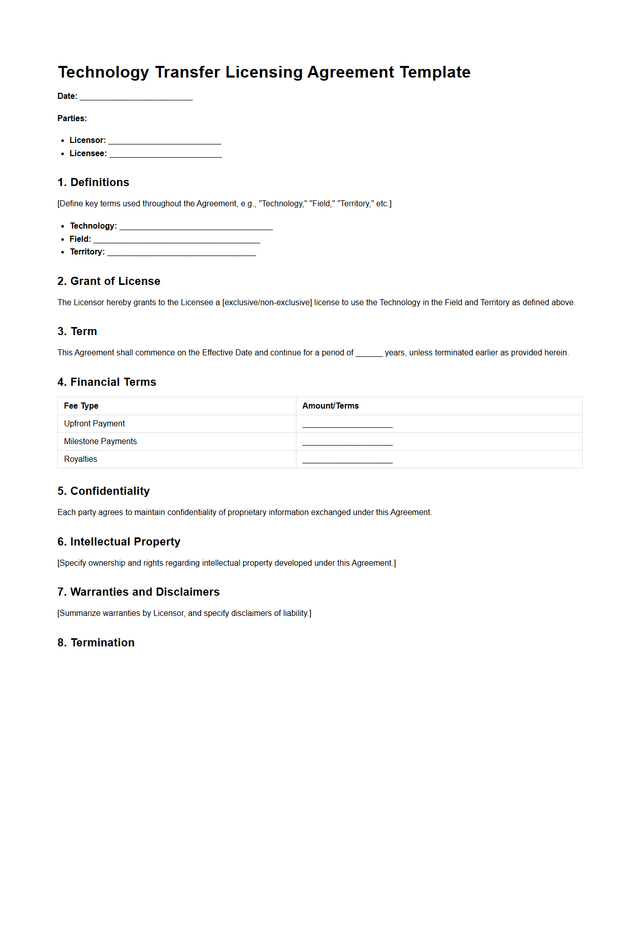 Technology Transfer Licensing Template