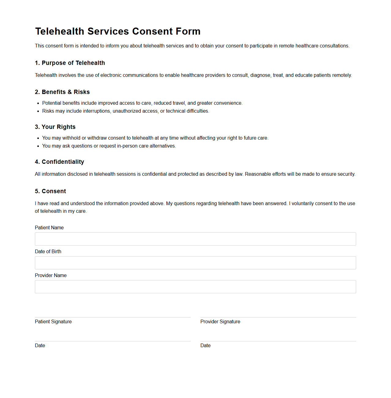 Telehealth Services Consent Form Template