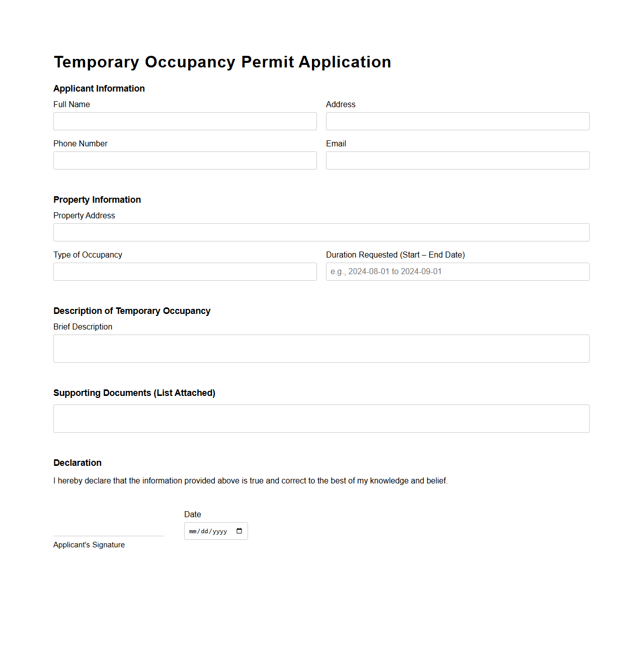 Temporary Occupancy Permit Application Template for Public Administration