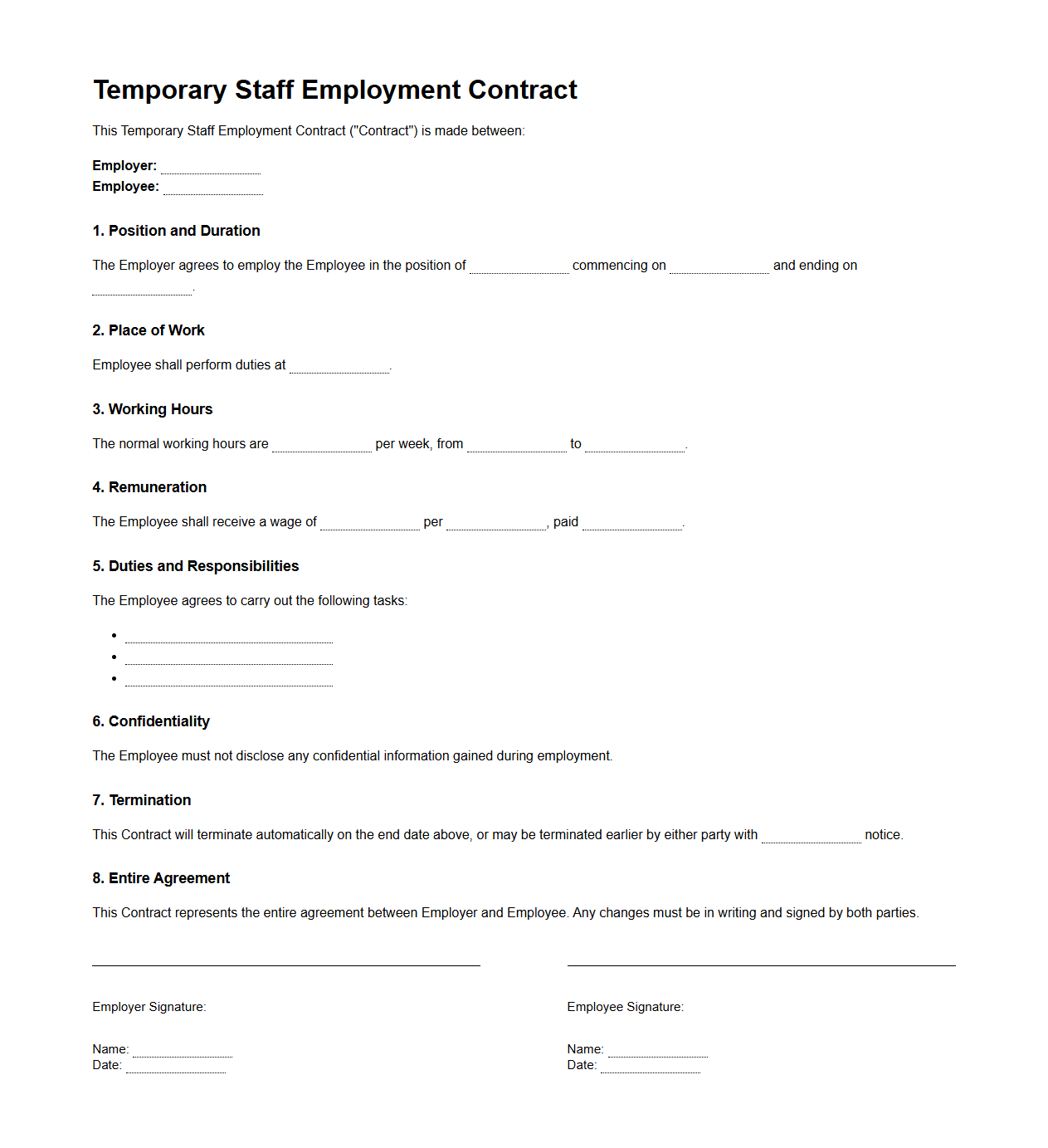 Temporary Staff Blank Employment Contract Blueprint