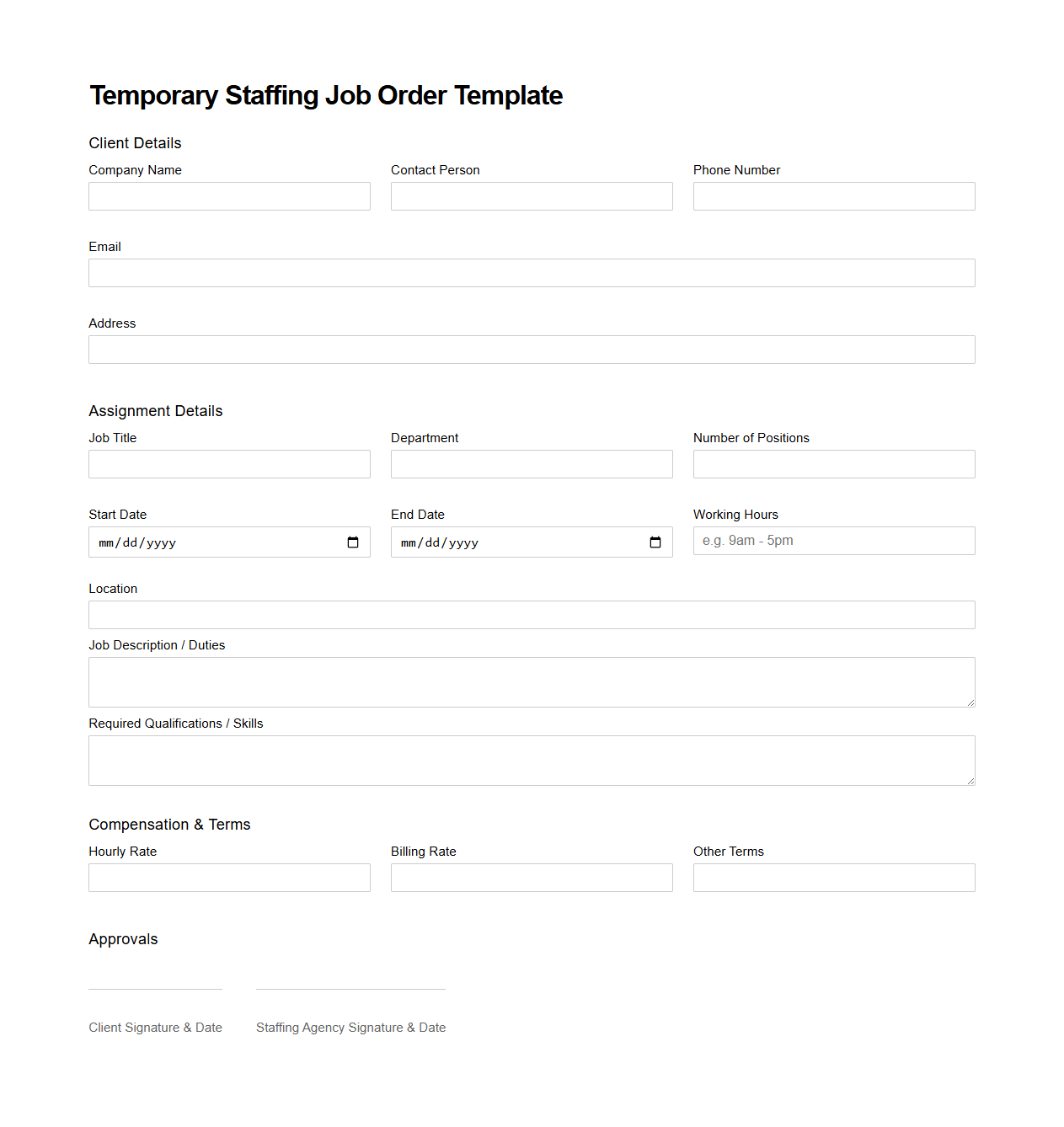 Temporary Staffing Job Order Template