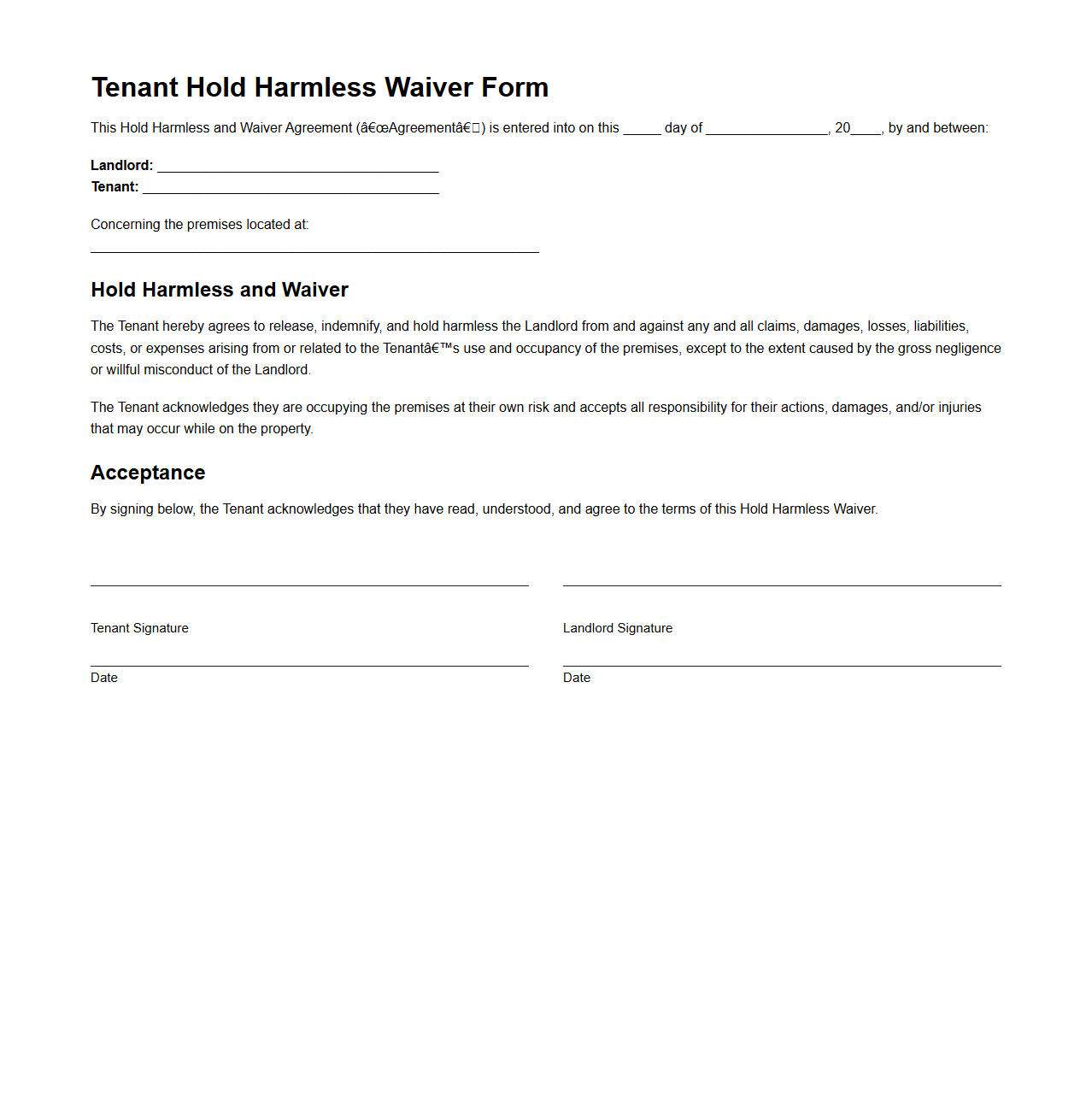 Tenant Hold Harmless Waiver Form