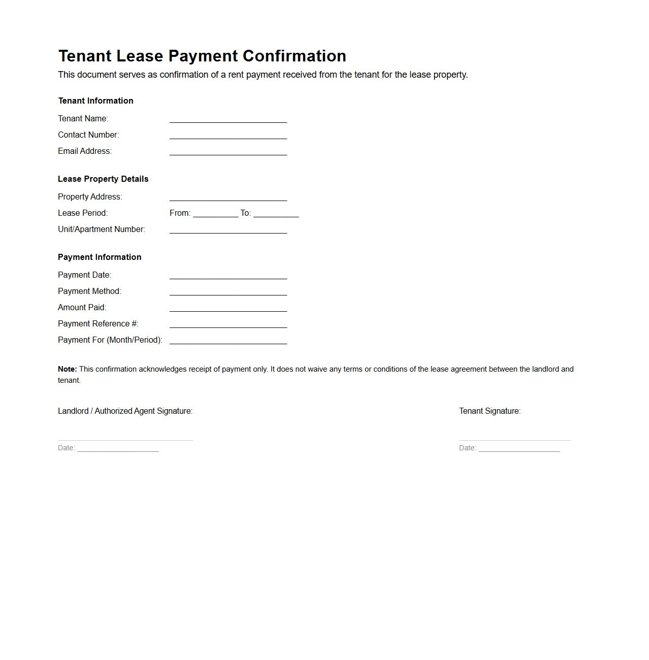 Tenant Lease Payment Confirmation Template