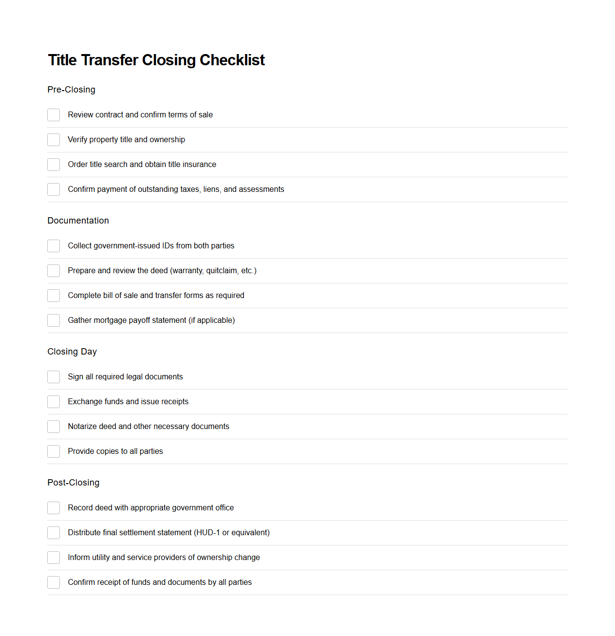 Title Transfer Closing Checklist Template