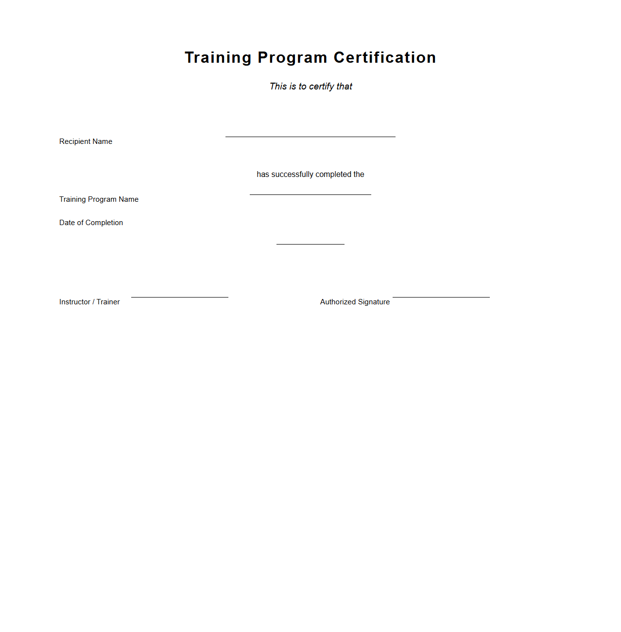 Training Program Certification Blank
