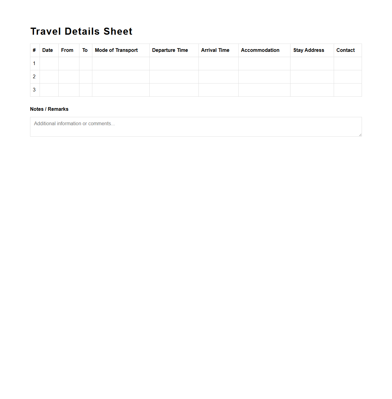Travel Details Sheet for Route and Stay Tracking