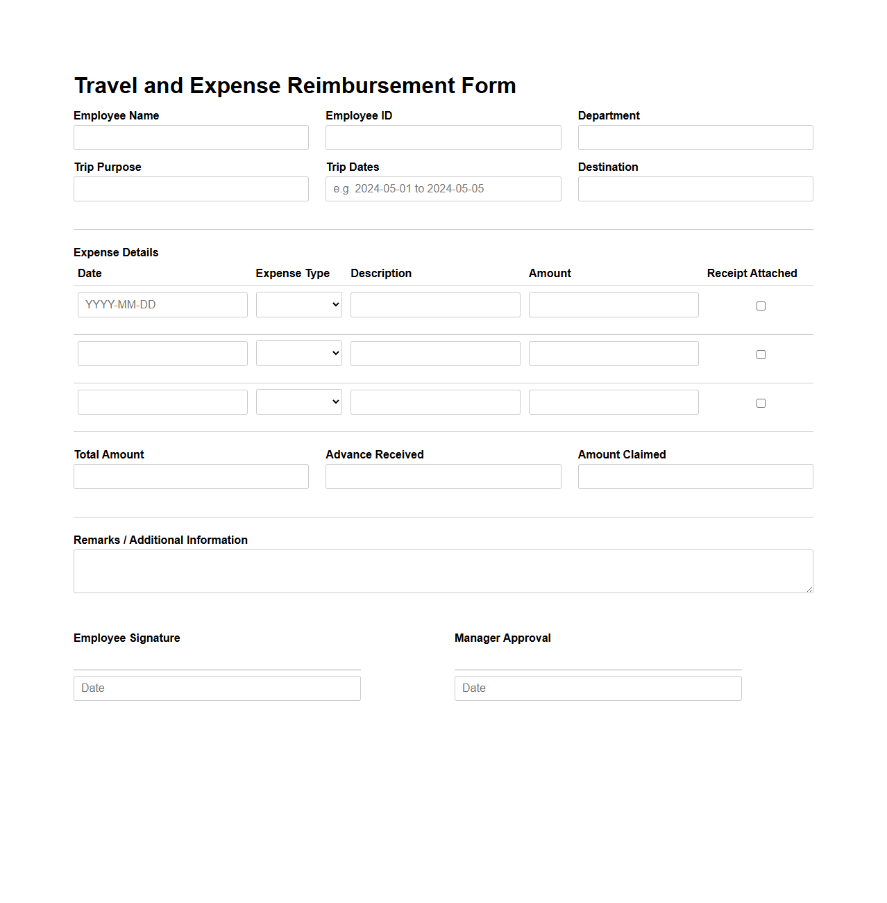 Travel and Expense Reimbursement Form for Employees