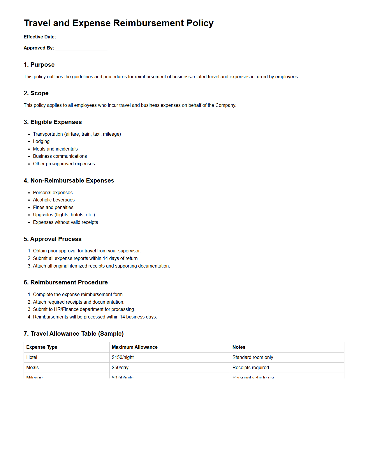 Travel and Expense Reimbursement Policy Format