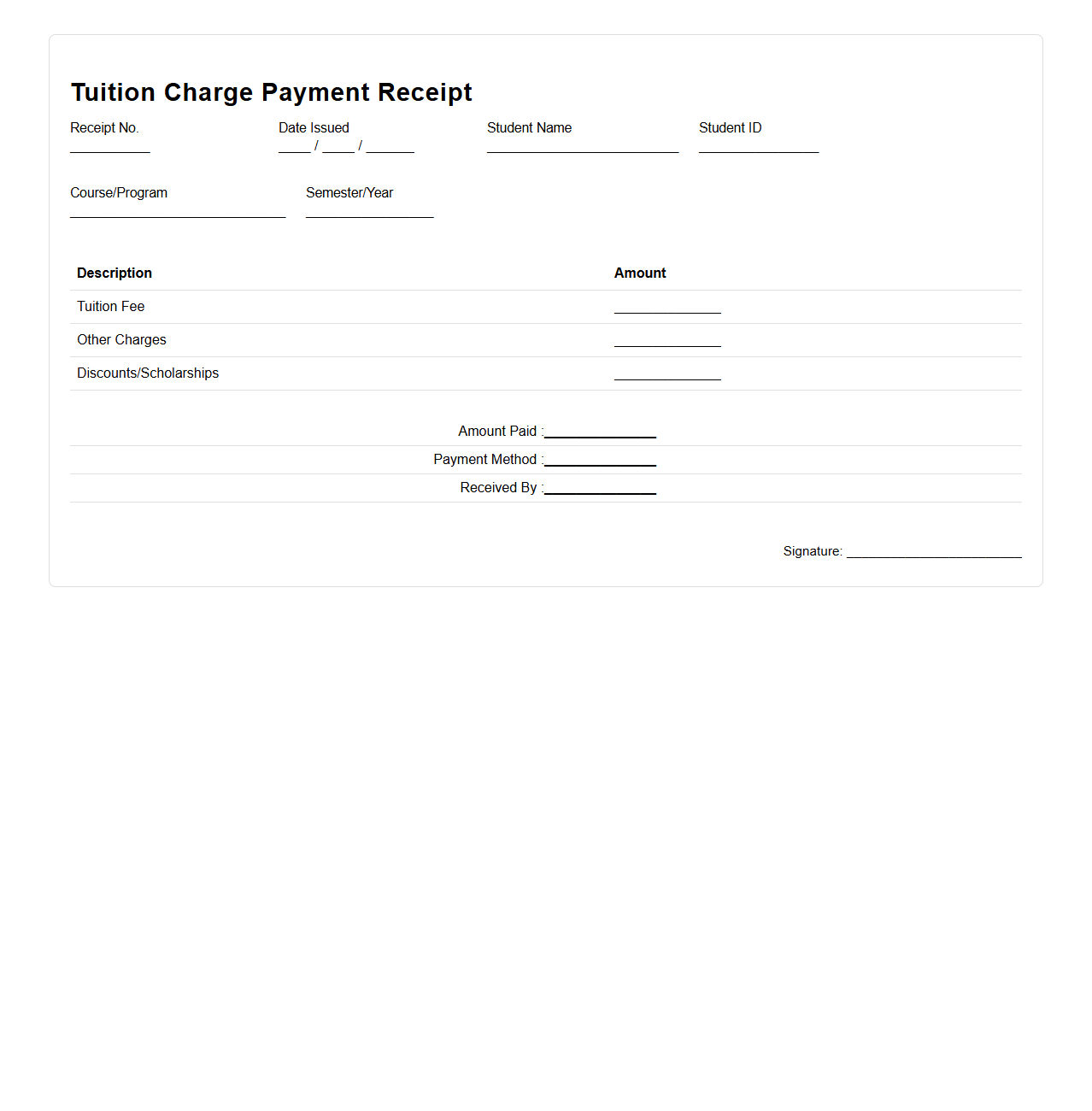 Tuition Charge Payment Receipt Template