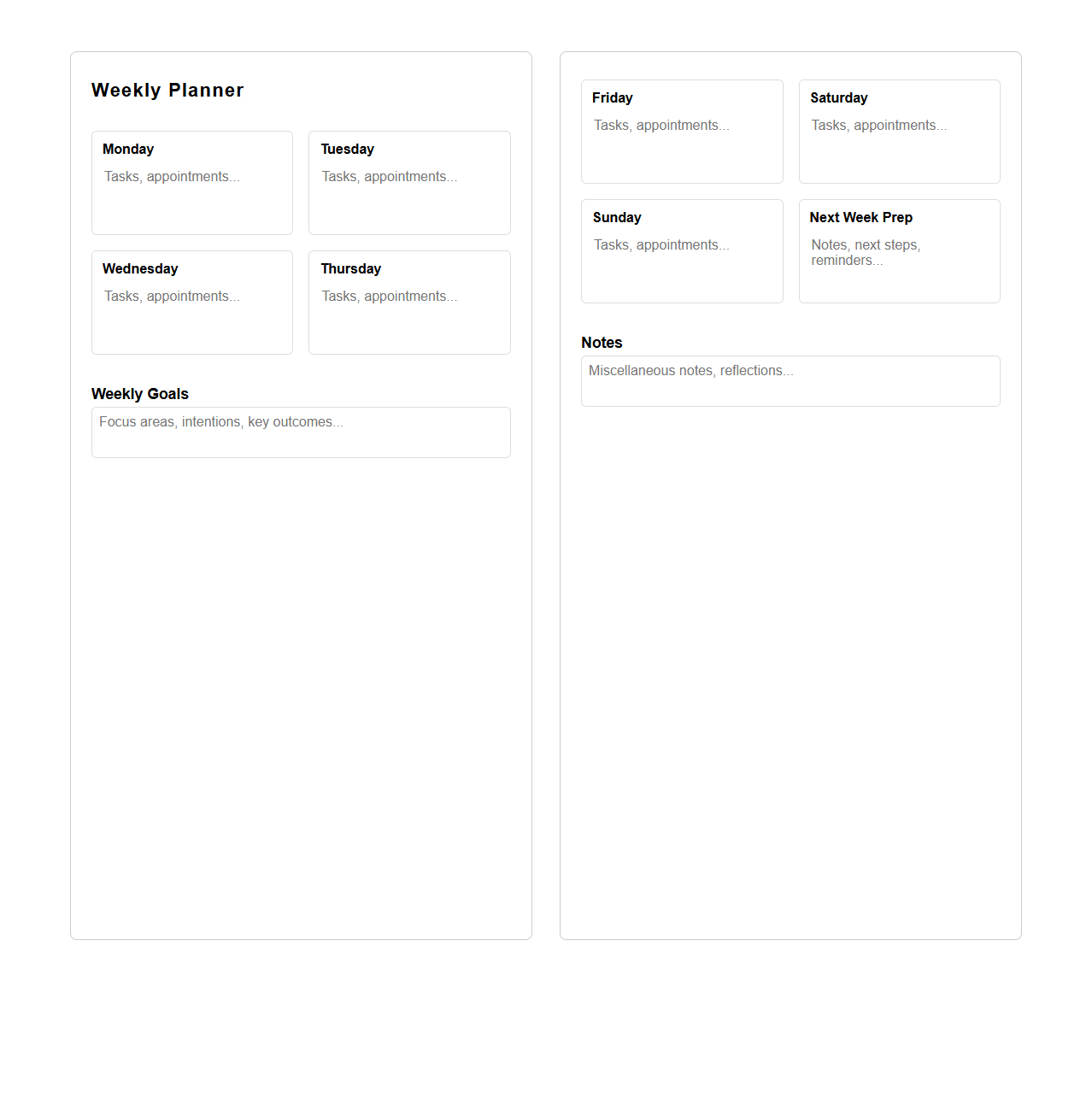 Two-Page Weekly Planning Spread for Detailed Organization
