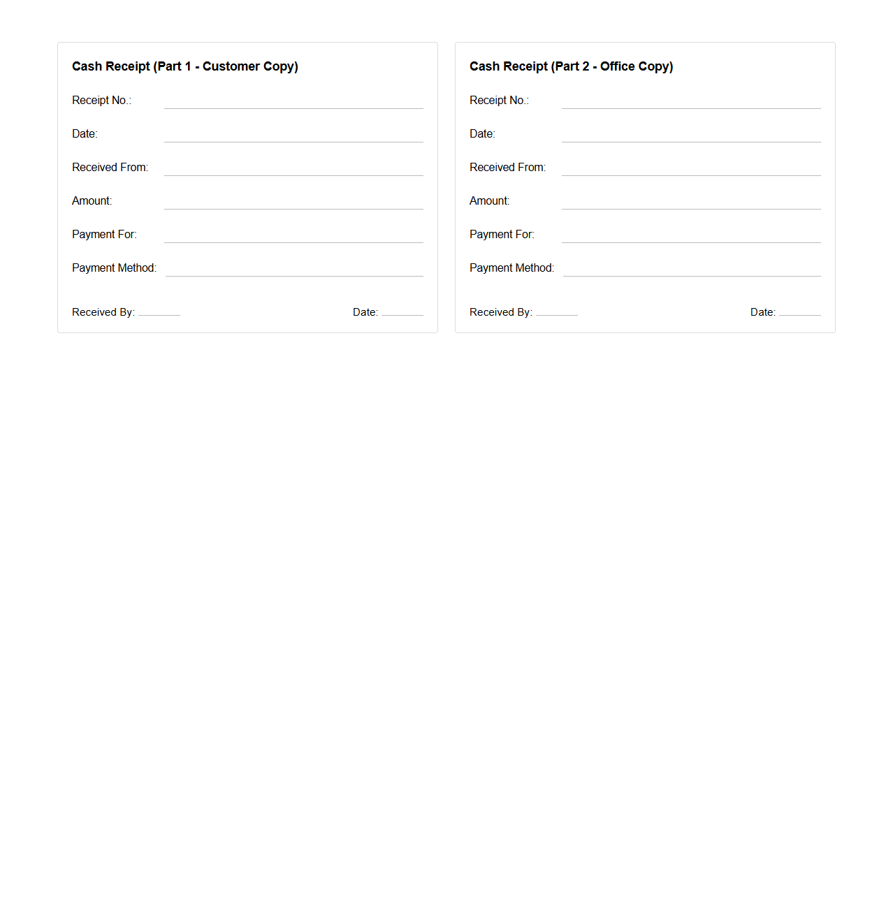 Two-Part Cash Receipt Stub for Tracking