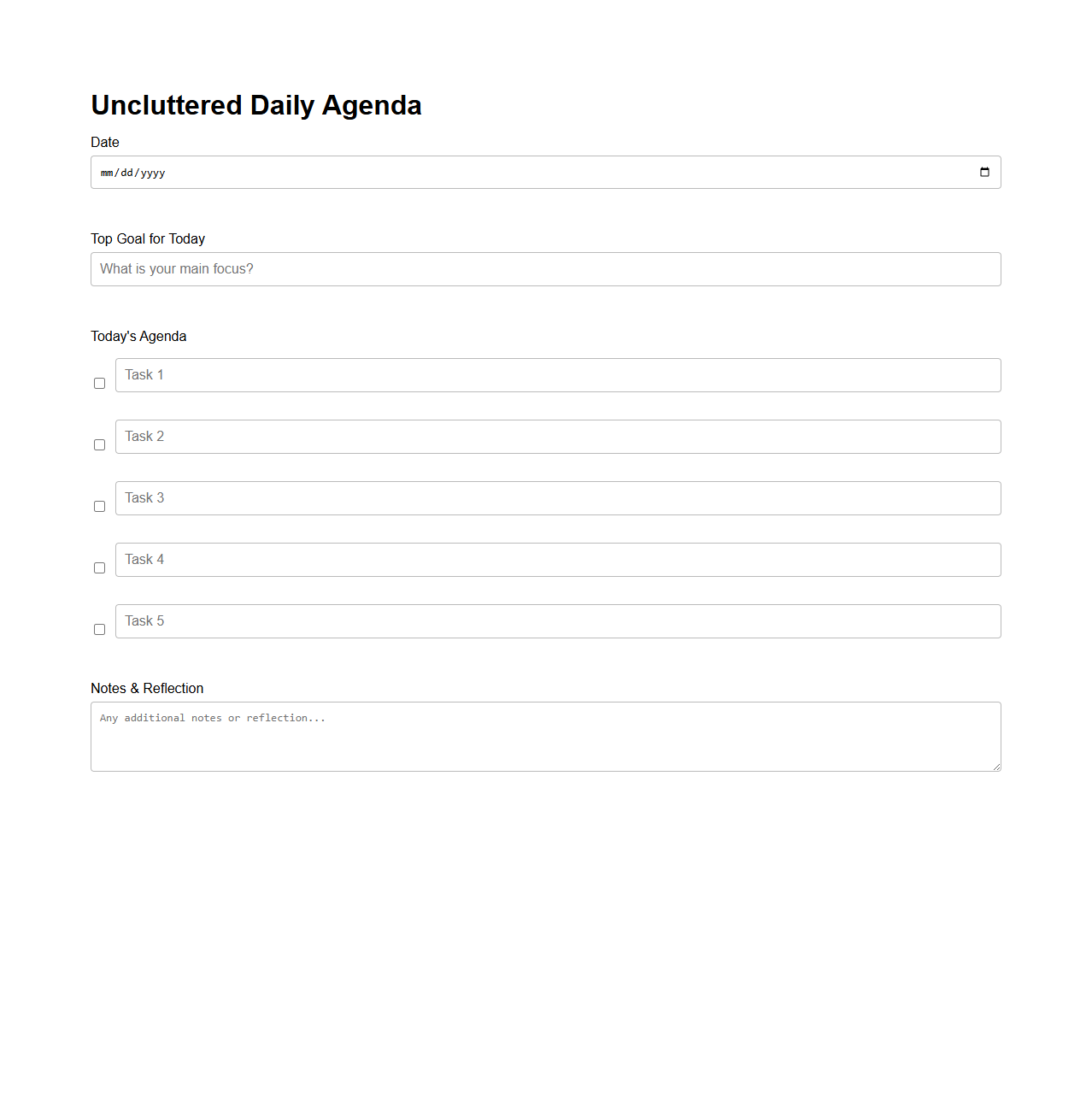 Uncluttered Daily Agenda Form for Goal Setting