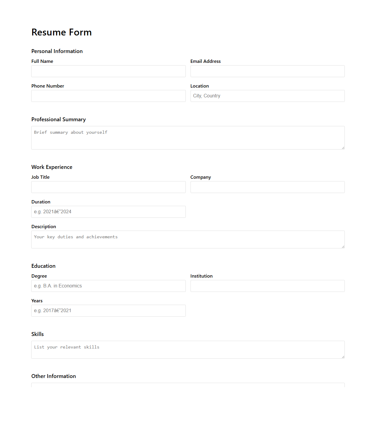 Uncomplicated Resume Form for Job Searches