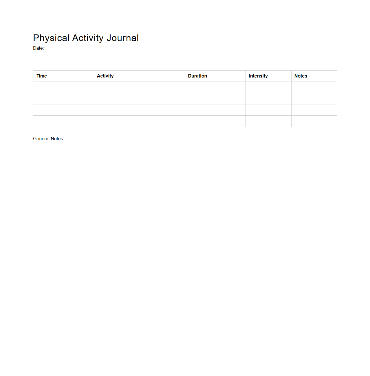 Undated Physical Activity Journal Template