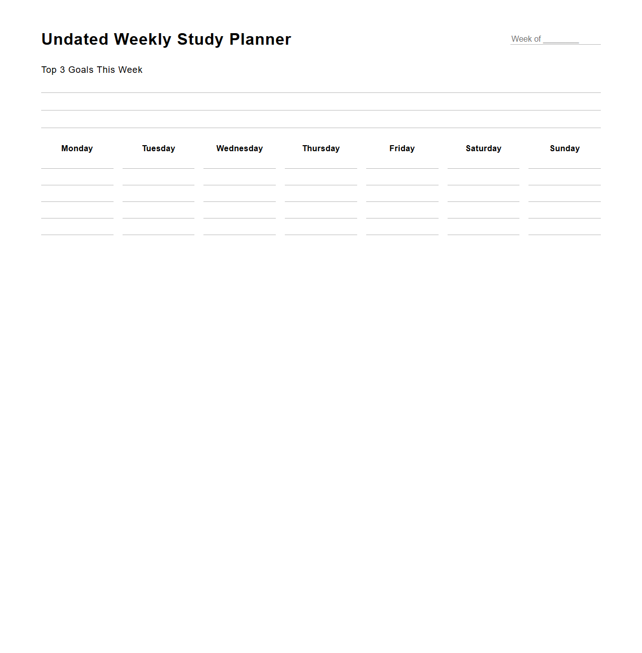 Undated Weekly Study Planner