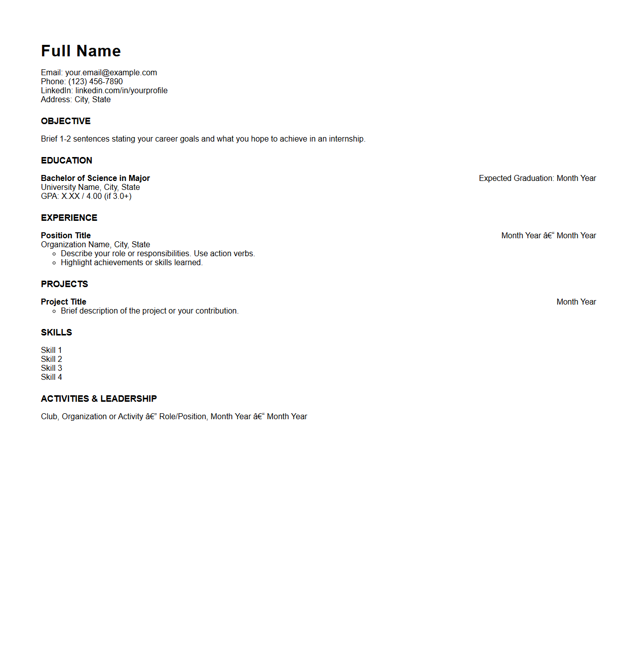 Undergraduate Blank Resume Template for Internships