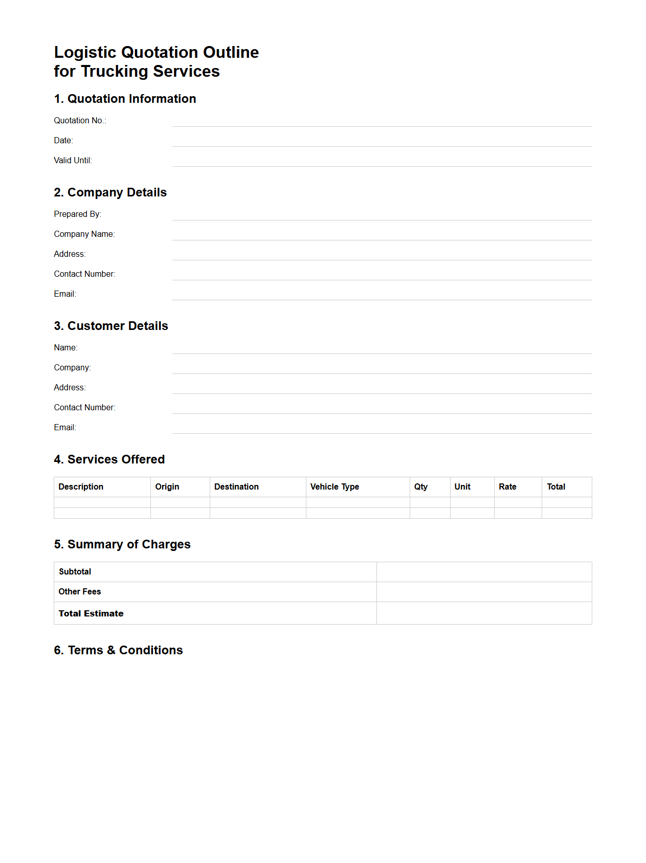 Unfilled Logistic Quotation Outline for Trucking Services