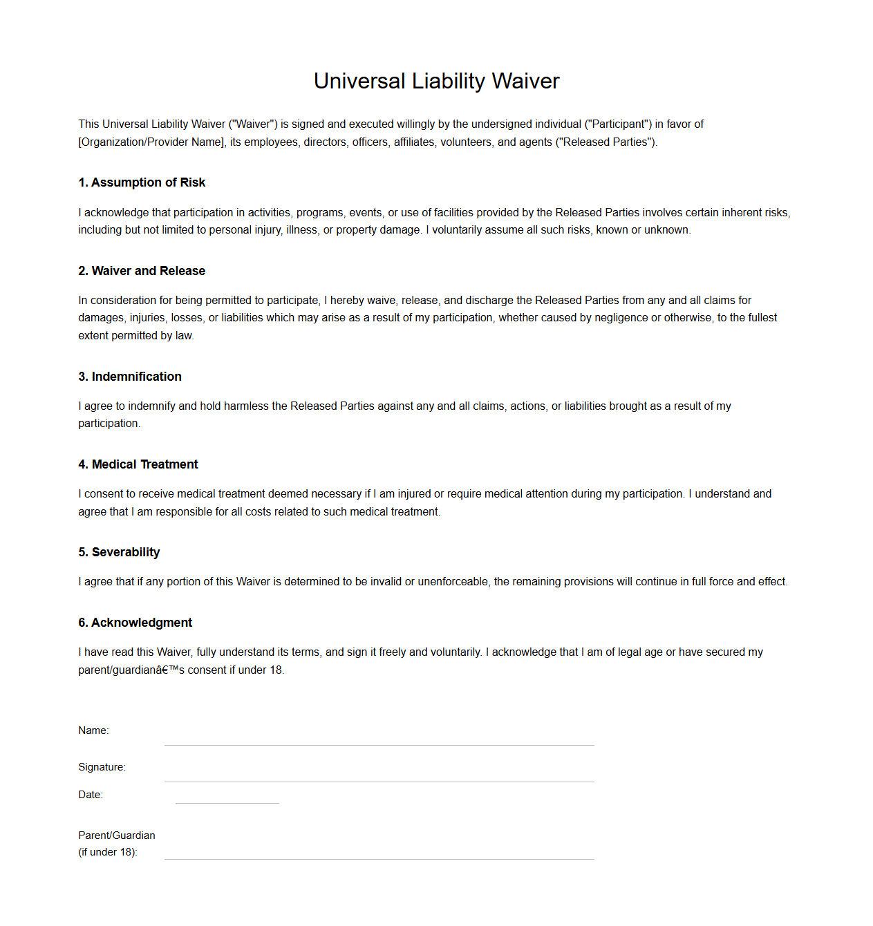 Universal Liability Waiver Template
