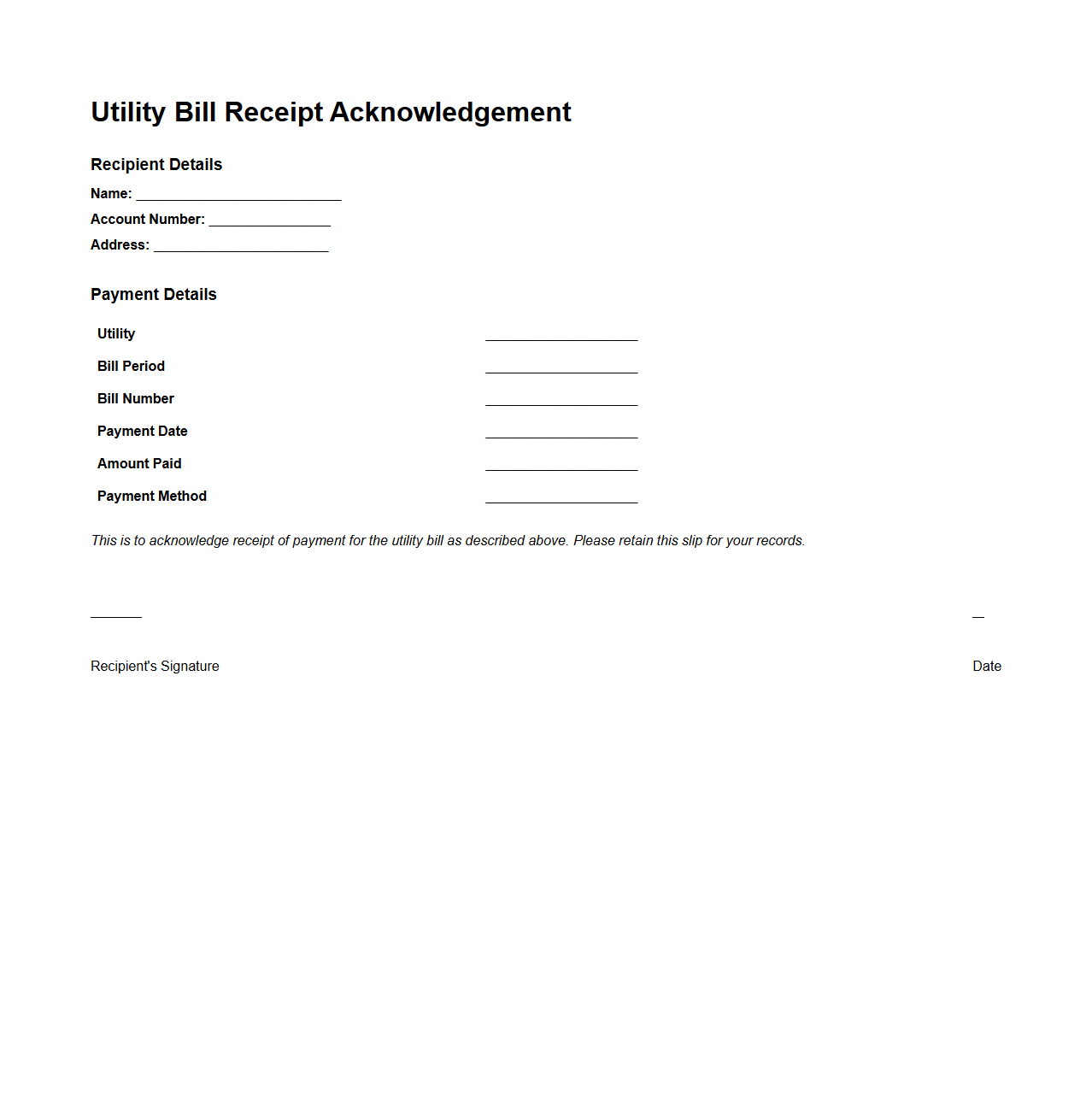 Utility Bill Receipt Acknowledgement Template