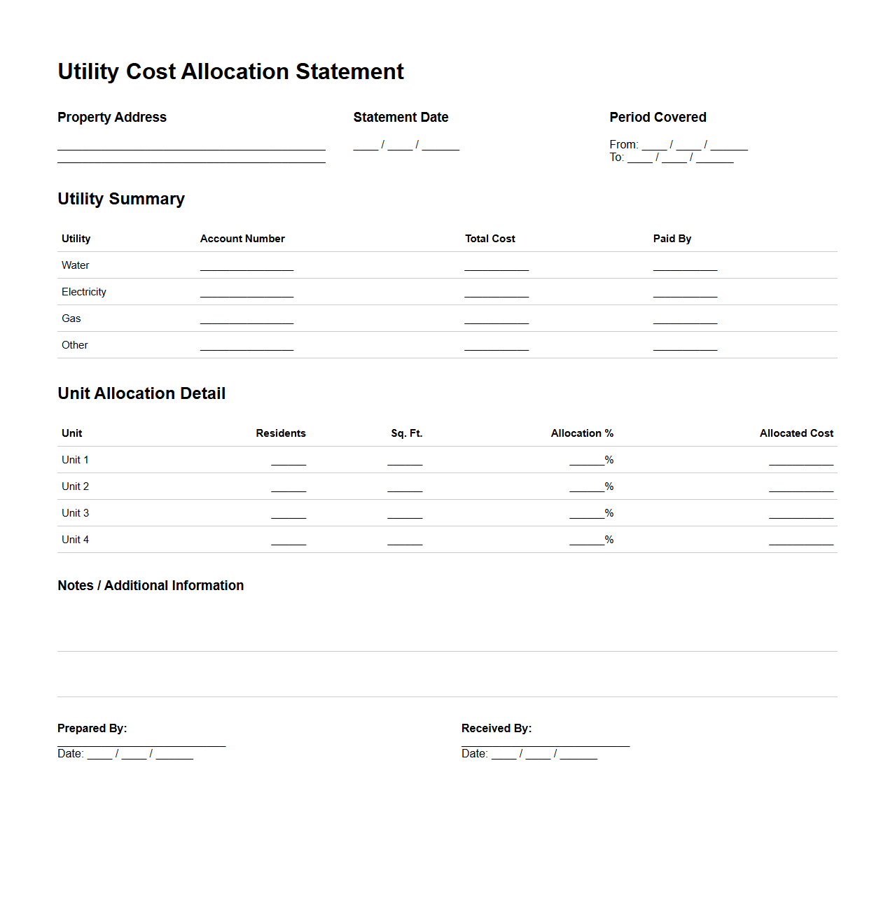 Utility Cost Allocation Statement
