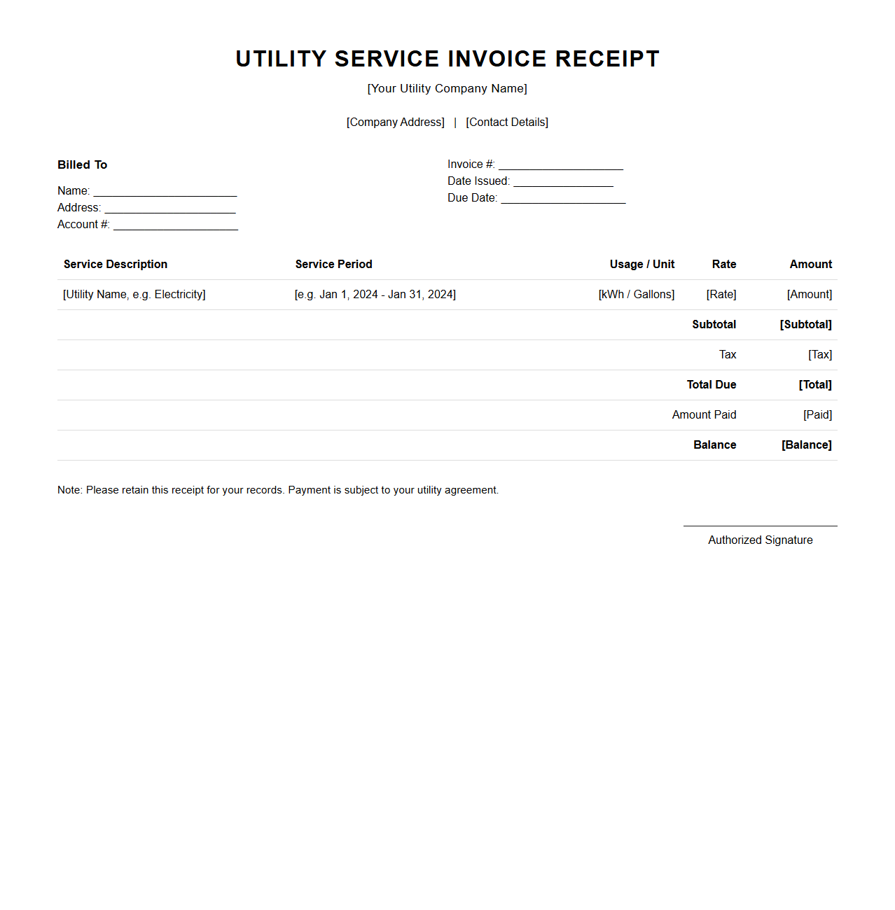 Utility Service Invoice Receipt Template