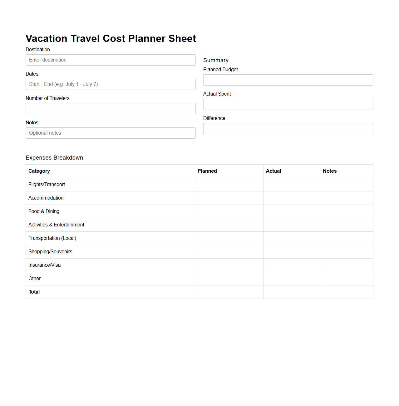 Vacation Travel Cost Planner Sheet