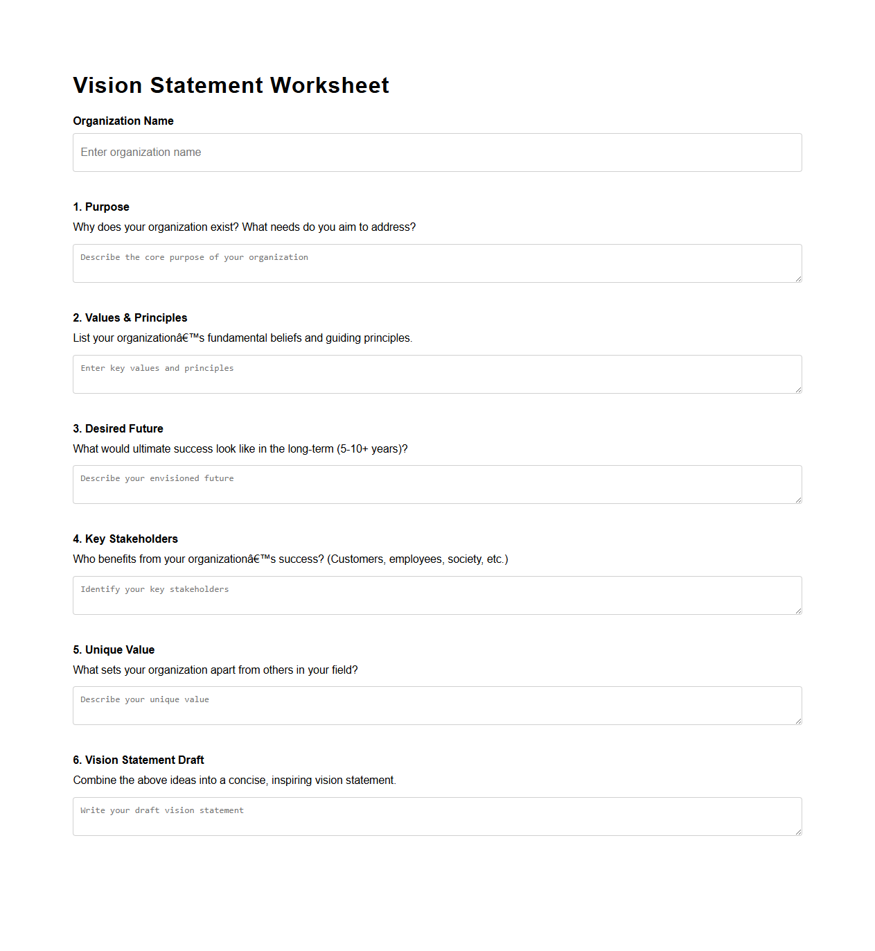 Vision Statement Worksheet for Corporate Planning