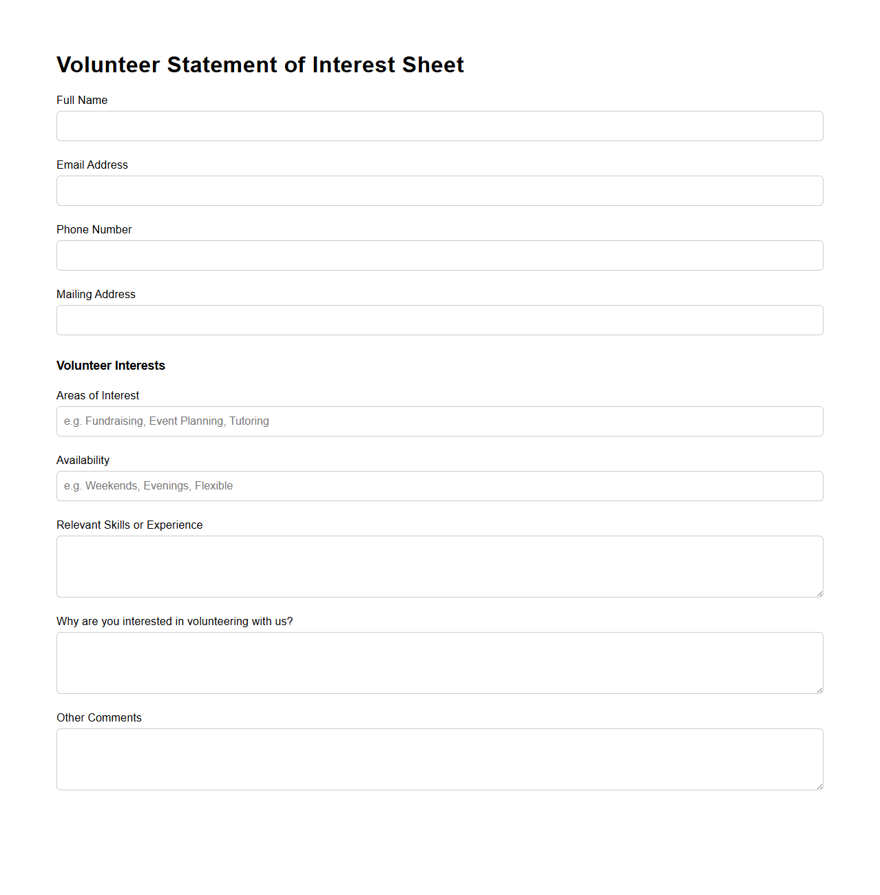 Volunteer Statement of Interest Sheet