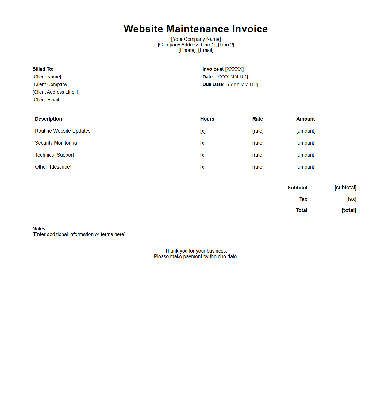 Website Maintenance Invoice Template