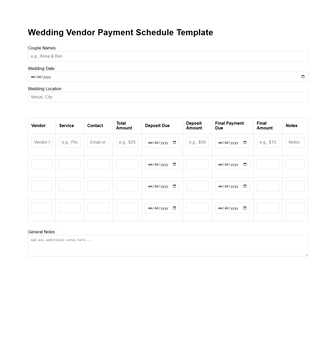 Wedding Vendor Payment Schedule Template