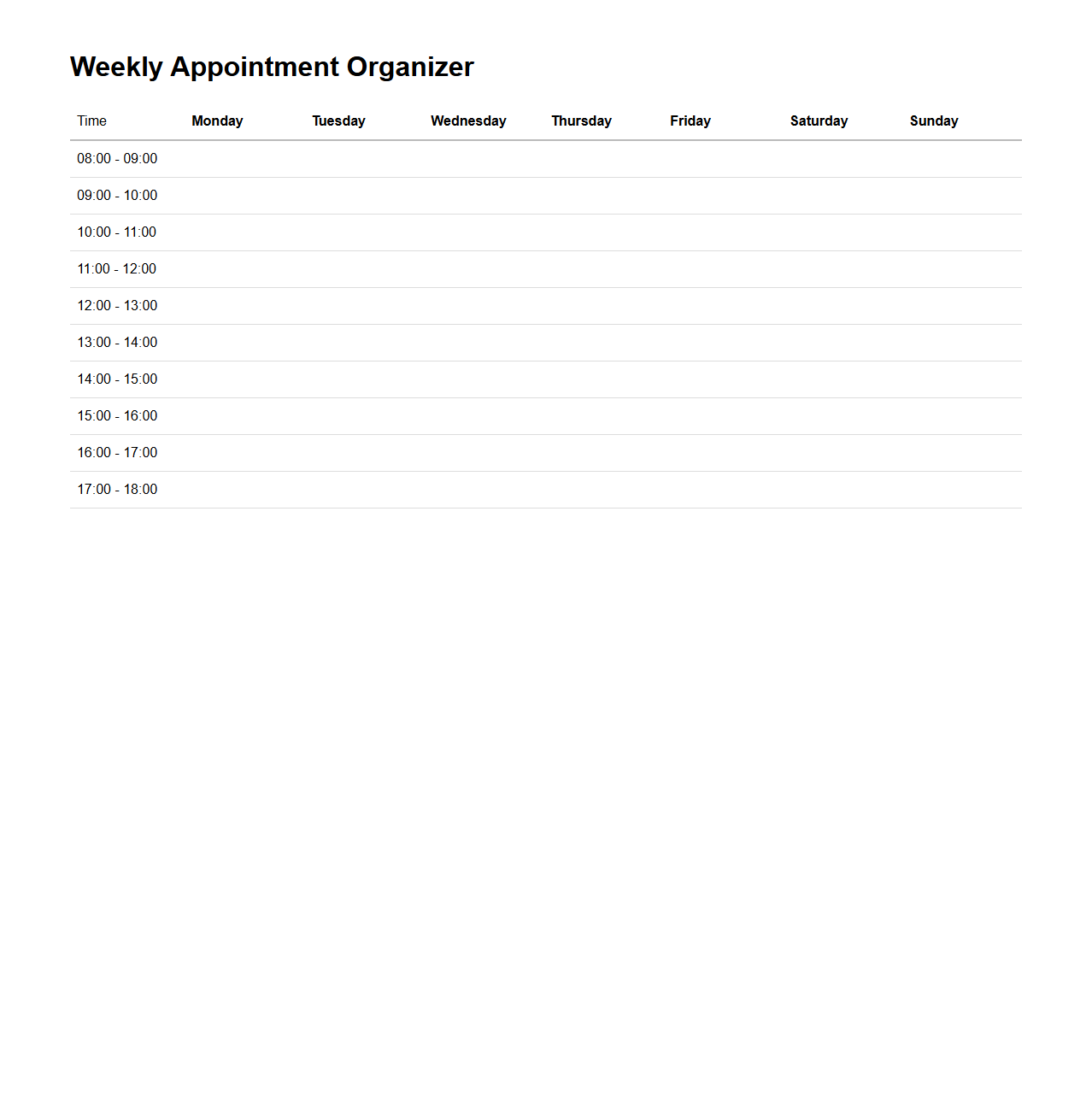Weekly Appointment Organizer for Meetings and Events