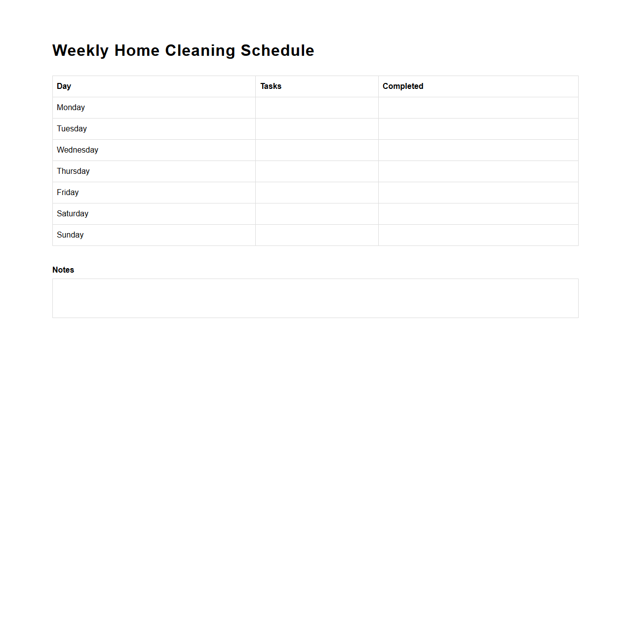 Weekly Home Cleaning Schedule Template