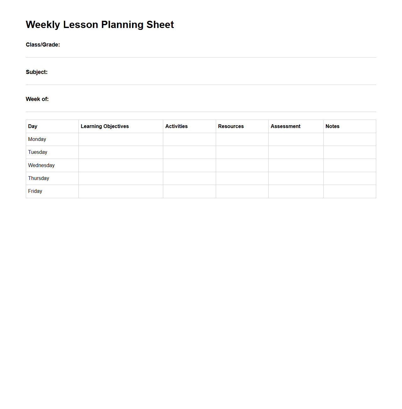 Weekly Lesson Planning Sheet Format